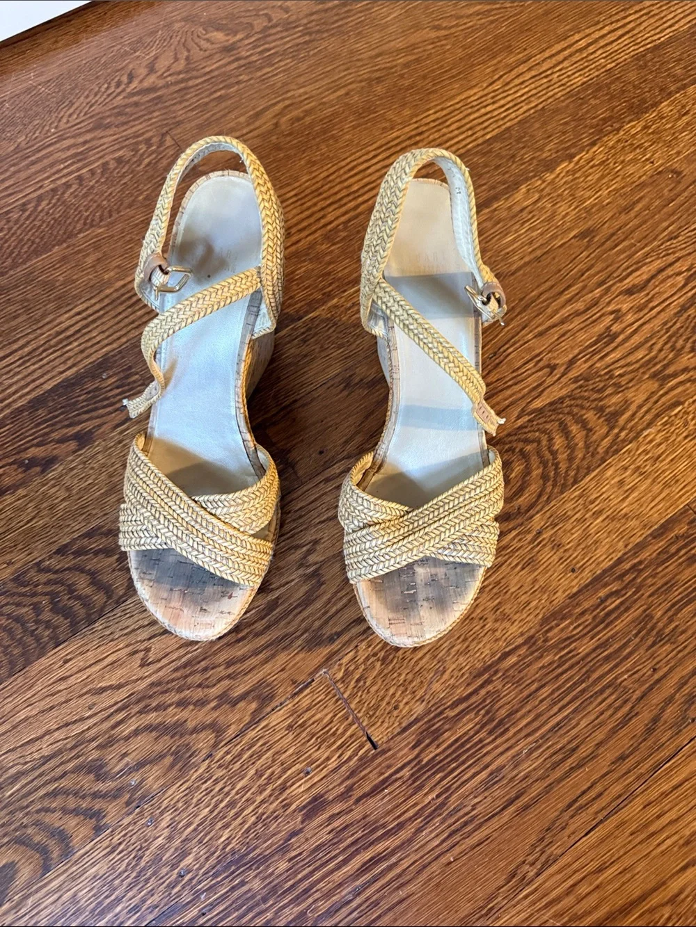 STUART WEITZMAN Woven Cork Wedge Sandals in Natural Tan